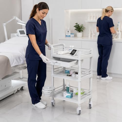 Rolling Utility Cart,Qiwey Utility Cart with Big Drawer,3-Tier Esthetician Ca...