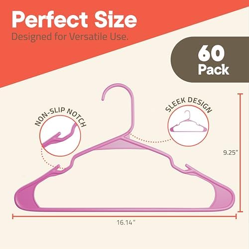 Pink Plastic Hangers 60 Pack– Heavy-Duty Plastic Hangers Slim and Space-Savin...