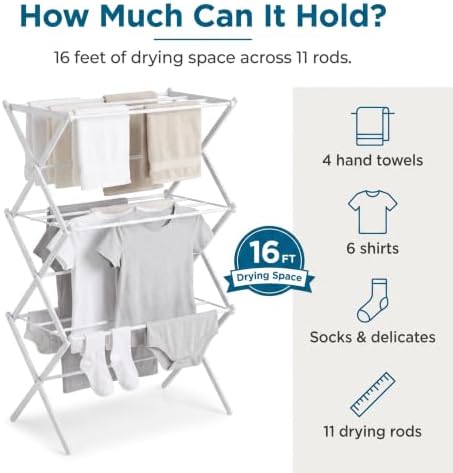 Honey-Can-Do 3-Tier Compact Clothes Drying Rack, 16 ft, No Assembly, White