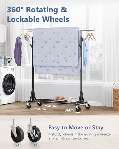 Hoctieon 1-Minute Assembly Clothes Rack, 480 lbs Heavy Duty Rolling Clothing ...