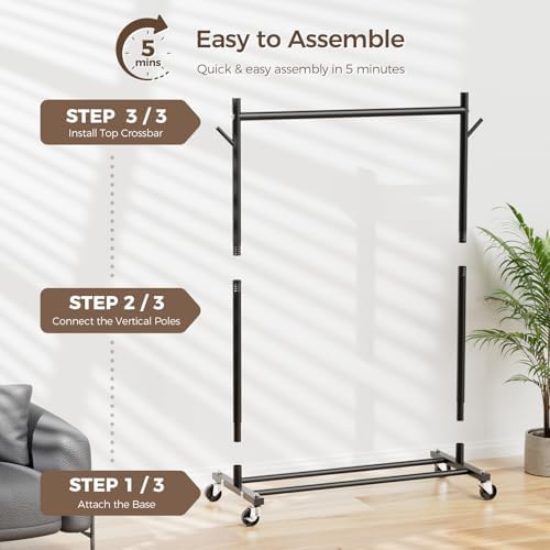 Clothes Rack, Clothing Rack for Hanging Clothes Load 280LBS, Rolling Garment ...