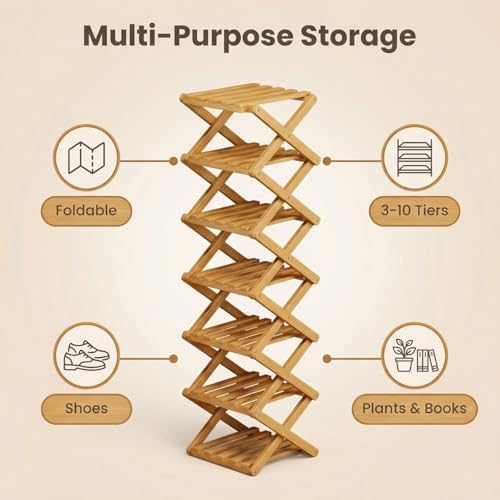 The 9-Tier No-Assembly Bamboo Rack, 7 Tier Bamboo Shoe Rack, Foldable Bamboo ...