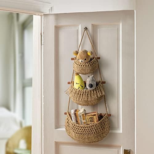 3 Tier Hanging Fruit Baskets for Kitchen, Handmade Jute Organizer