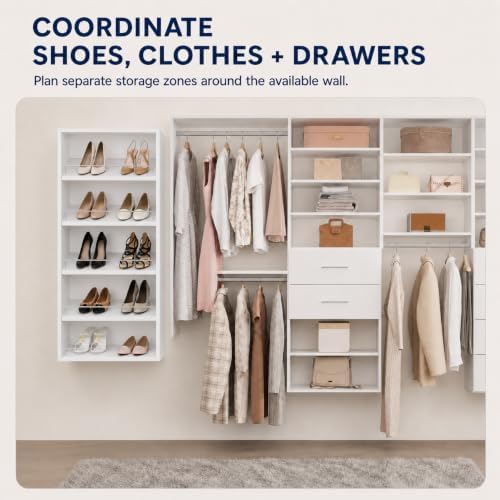 Wall-Mounted Wood Closet Shoe Organizer with Shelves, 25.5", White