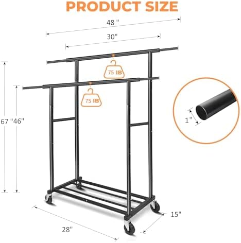 Fishat 48"W x 15"D x 67"H Portable Black Double Rods Garment C...