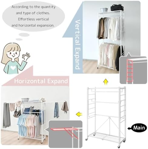lumizone Folding Clothing Rack with Wheels Expandable Black
