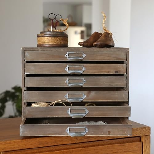 Vintage Wooden Desk Organizer Cabinet with 6 Drawers - Rustic Farmhouse Distr...