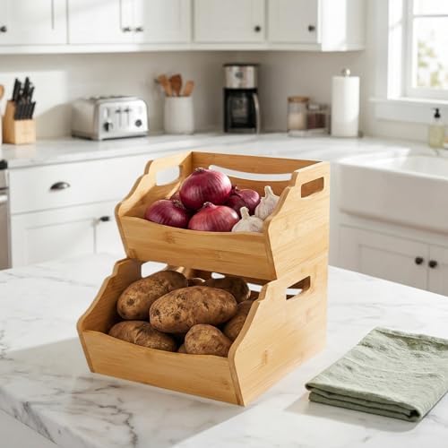 Cididu 2 Pack Bamboo Stackable Storage Bin, Countertop Open Front Stacking Bi...