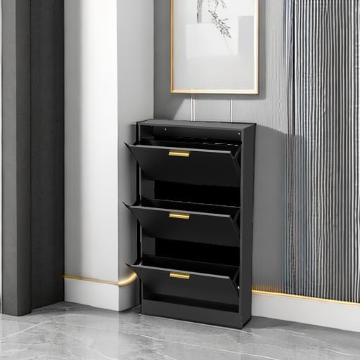 JOZZBY Modern Shoe Cabinet Storage with 3 Flip Drawers, Black丨Slim Freestandi...