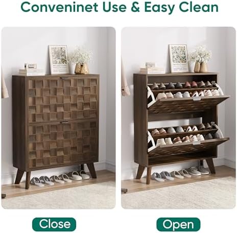 Smuxee Walnut Shoe Cabinet with 2 Flip Drawers, 29.6" Hidden Shoe Storag...