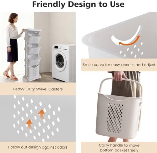 BAOKALER 4-Tier Laundry Hamper Sorter, Vertical Laundry Baskets with Wheel