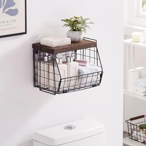 Wall Hanging Baskets 2 Pack Wooden Top Floating Wire Shelves (Large)