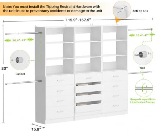 Aheaplus Closet System with 12 Drawers, 8.5-11.5Ft Closet Organizer System