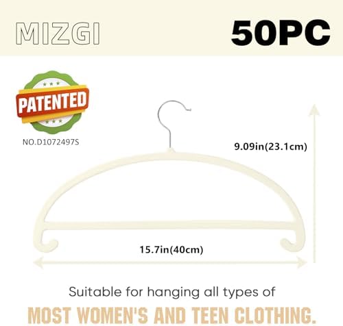 MIZGI 50 Pack Ivory Velvet Hangers - No Shoulder Bumps, Heavy Duty Non-Slip C...