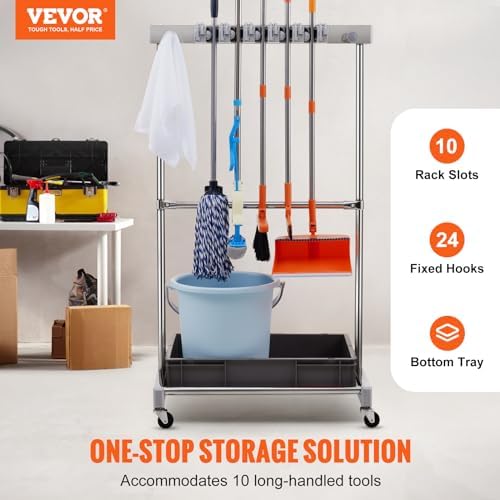 VEVOR Garden Tool Organizer, 10 Slots with Hooks, Yard Tool Tower Rack with W...