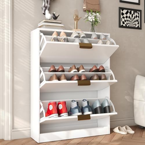 VOWNER Shoe Rack Cabinet with 3 Flip Drawers, Narrow Shoe Storage Cabinet wit...