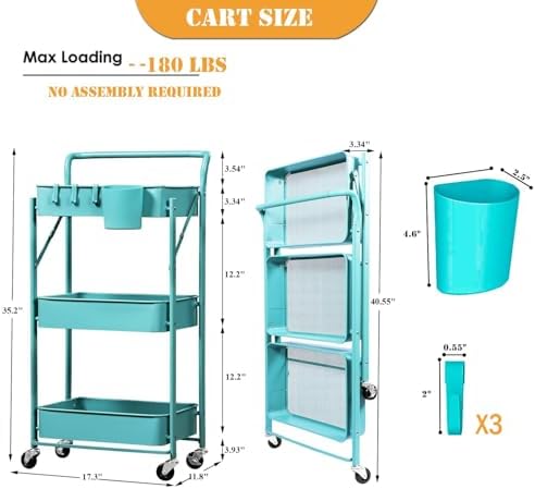 Foldable Utility Rolling Cart with Wheels No Assembly 3 Tier Metal Rolling Ca...