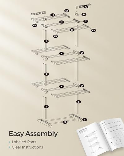 SONGMICS 4-Tier Clothes Drying Rack, Foldable, Rolling, 66.6-Inch Tall