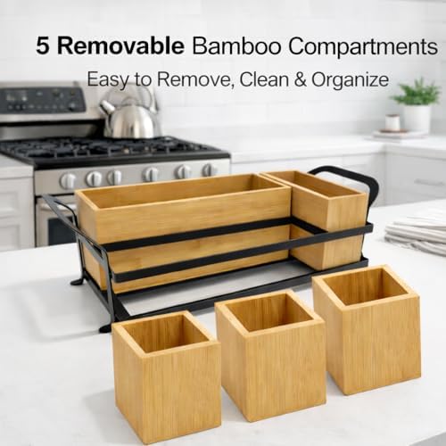 Bamboo Utensil Caddy with Handle - 5 Compartment Silverware Holder for Party ...