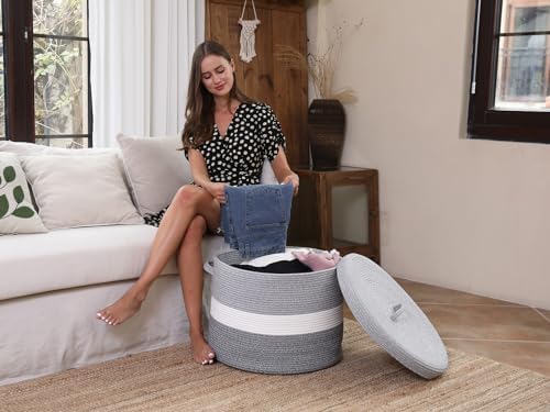 20x15 Inch Extra Large Round Cotton Rope Storage Basket with Lid, Decorative ...