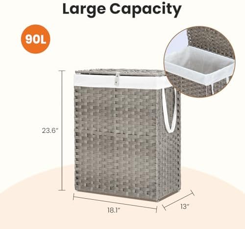 DUMOS Woven Laundry Basket with Lid, 90L Large Capacity Hamper, Removable &am...