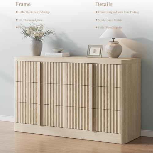 YANSNWO 47" Wide Fluted 6 Drawer Dresser for Bedroom, Natural Oak