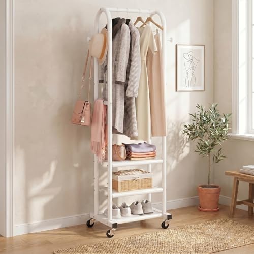 Dttwacoyh Clothing Rack with Wheels,Narrow Metal Garment Rack,White
