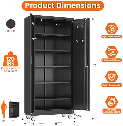 SUXXAN 71" Metal Garage Storage Cabinet with Wheels,Pegboard,Lock,5 Shelves