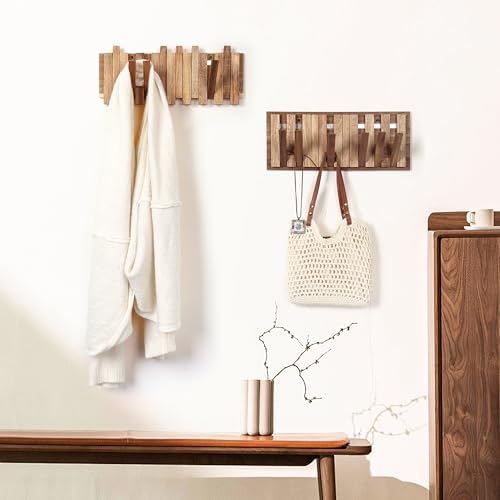 Wall Coat Rack for Entryway: Folding Wood Rustic 8 Hooks