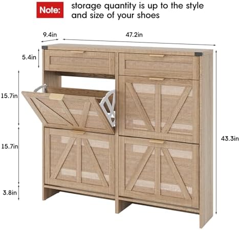 Halitaa Shoe Cabinet with 4 Flip Drawers & 2 Drawers,Farmhouse Shoe Stora...