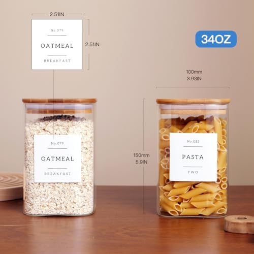 CZZGSM 6 Pack Square Kitchen Storage Jars with Airtight Bamboo Lids and 132 P...