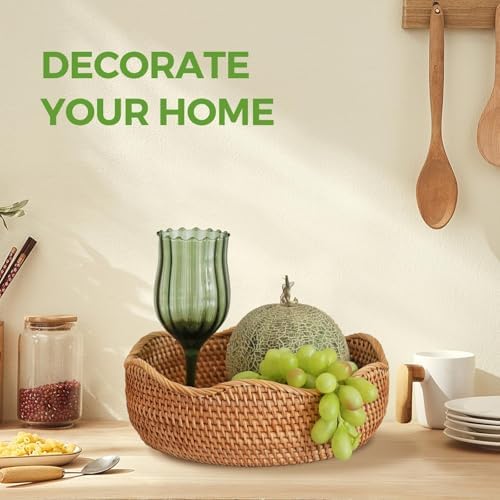 Round Rattan Bread Baskets for Serving, Wicker Fruit Baskets Storage Bowls