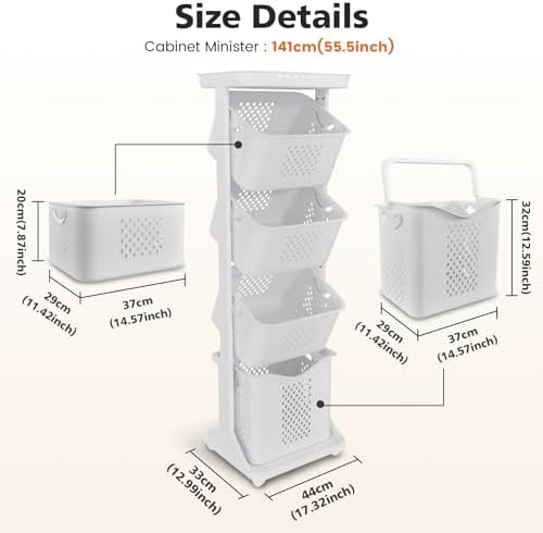 BAOKALER 4-Tier Laundry Hamper Sorter, Vertical Laundry Baskets with Wheel