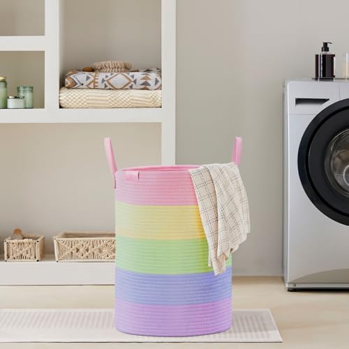 VIPOSCO 72L Tall Woven Rope Laundry Hamper, Leather Handles, Rainbow