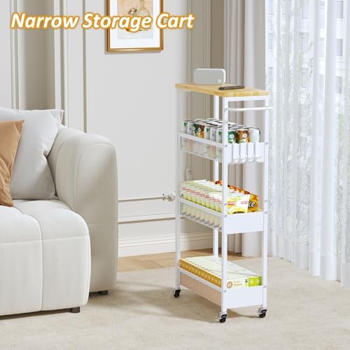 7.1" Wide Slim Storage Cart on Wheels, 4 Tier Metal Narrow Rolling Cart ...