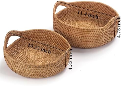Rattan Storage Basket, Hand Woven Fruit Basket with Handles, Wicker Serving B...