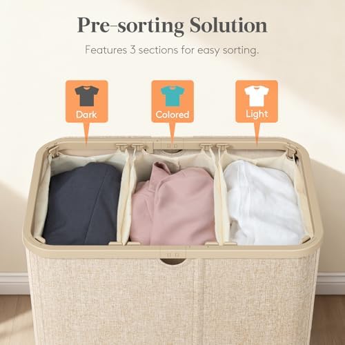 Lifewit 185L 3 Section Laundry Hamper with Lid, Laundry Basket, Beige