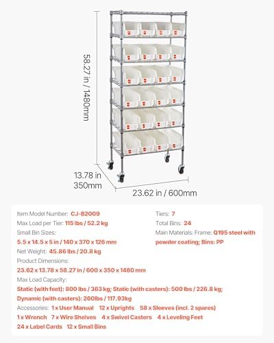 VEVOR 7-Tier Rolling Bin Storage Rack, 24 Small Bins, Bin Rack Storage Steel ...