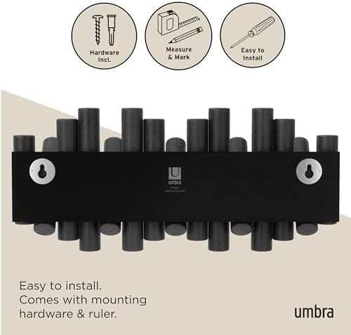 Umbra Picket Coat Rack, Wall Mount 5 Flip-Down Coat Hooks, Black