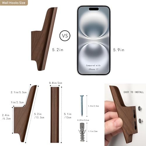 Wood Wall Hooks 4 Pack Coat Hooks Wall Mount, Towel Hooks for Bathrooms