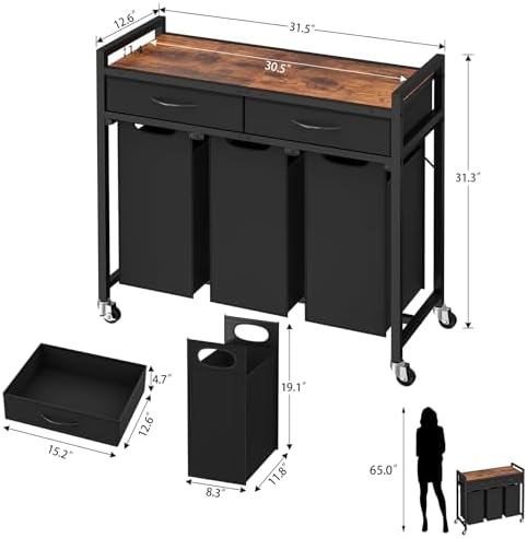 Laundry Sorter 3 Section, 120 L Laundry Hamper with 2 Drawers & 2-tone To...