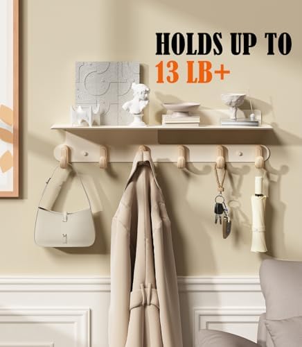 Wall Hooks with 22'' Shelf Coat Rack Wall Mount with 6 Hooks Entryway...