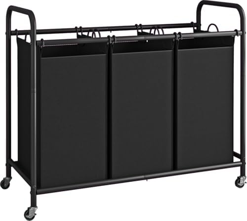 LINZINAR 3 Section Laundry Hamper Sorter, Black Laundry Basket with Wheels