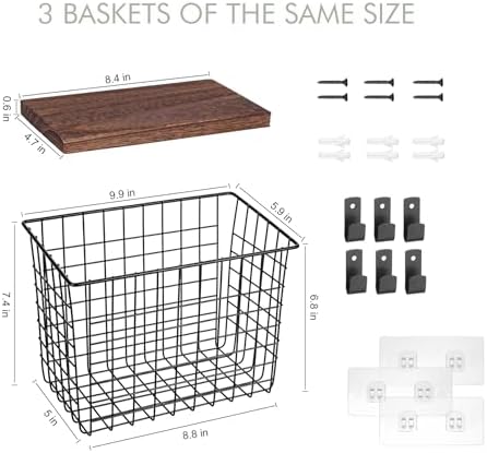 Wall Hanging Baskets, 3 Wooden Wire Bins with Hooks & Adhesive Mount(Large)