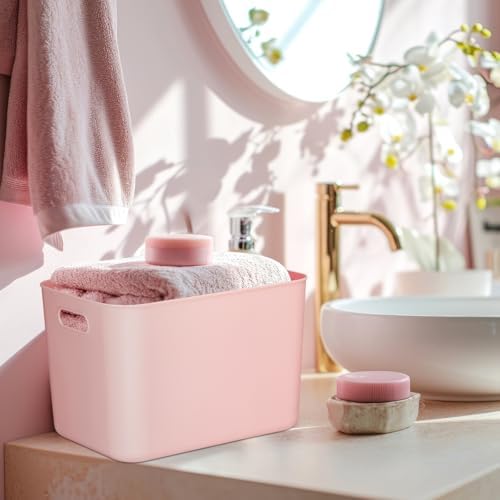 Hoolerry 8 Pieces Storage Bins, 14.2 x 10.2 x 9.5 Inch, White and Pink