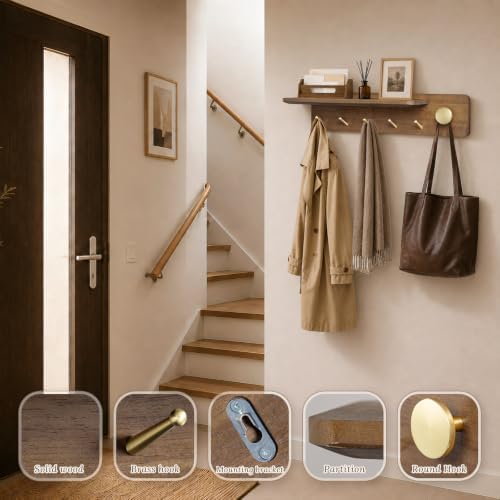 Coat Rack Wall Mount with Shelf, Solid Wood, 5 Brass Hooks, Brown