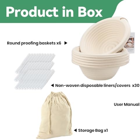 6-Pack 7.5" Round Banneton Bread Proofing Basket with Liners