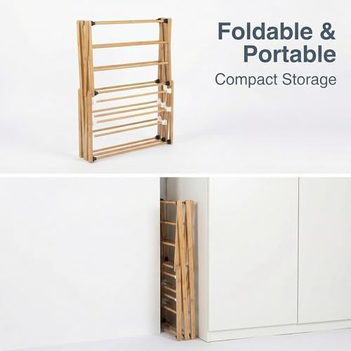 FJO Foldable Bamboo Clothes Drying Rack, 3-Tier Collapsible Laundry Clothes H...