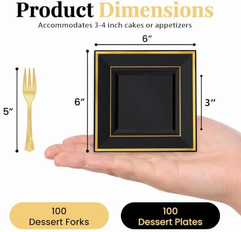 WDF 200PCS Black and Gold Plastic Dessert Plates for Halloween Parties
