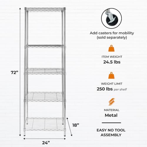 5-Tier Deep Shelf, 250 lb/Shelf, NSF, Chrome, 24x18x72 in